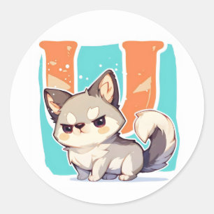 Letter U Anime Chagrijnige Hond Ronde Sticker