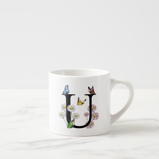 Letter U Bloem Vlinder Monogram Initiaal Espresso Kop (Rechts)