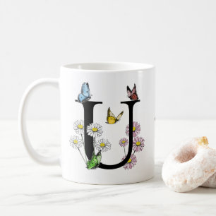 Letter U Bloem Vlinder Monogram Initiaal    Koffiemok