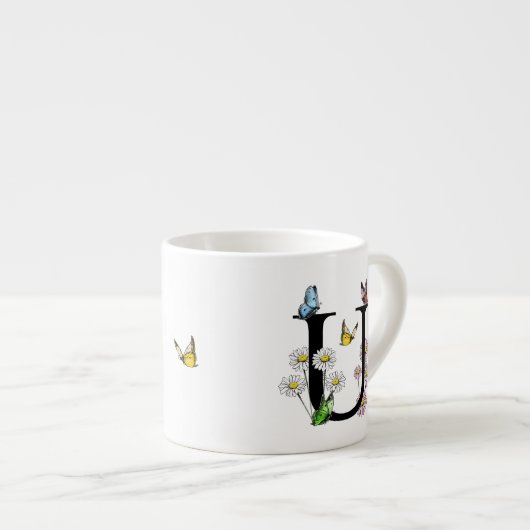 Letter U Bloemige Vlinder Monogram Initiaal Espresso Kop (Voorkant rechts)