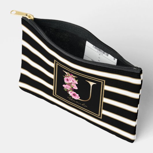 Letter U Bloemmonogram Zwart Wit Gouden Strepen Etui (Open)