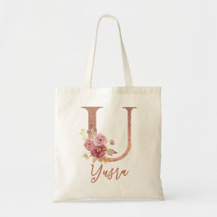Letter U Blush roze Glitter Floral Monogram Tote Bag