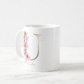 Letter U Gold Monogram Roze Magenta Bloemen Koffiemok (Voorkant links)