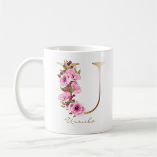 Letter U Gold Monogram Roze Magenta Bloemen Koffiemok