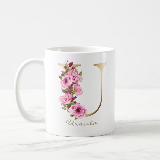 Letter U Gold Monogram Roze Magenta Bloemen Koffiemok (Links)