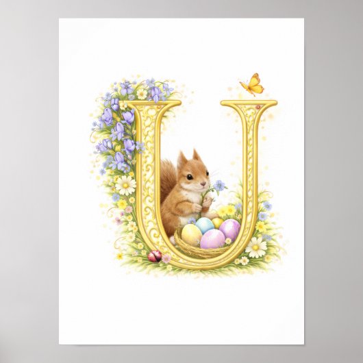 Letter U Gold Spring Nature Monogram Squirrel Kids Poster (Voorkant)