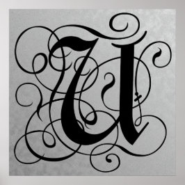 Letter U, Gothic Monogram Black Poster