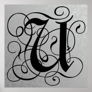 Letter U, Gothic Monogram Black Poster