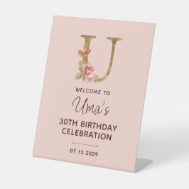 Letter U Gouden Monogram Roze Rozen Bord Reclamebord Met Voetstuk