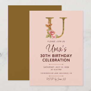 Letter U Gouden Monogram Roze Rozen Kaart