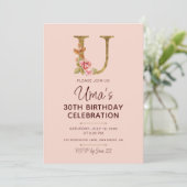 Letter U Gouden Monogram Roze Rozen Kaart (Staand voorkant)