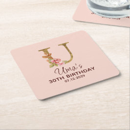 Letter U Gouden Monogram Roze Rozen Kartonnen Onderzetters