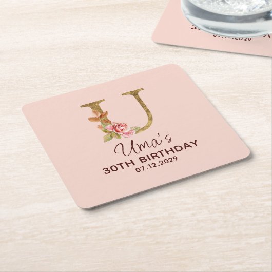 Letter U Gouden Monogram Roze Rozen Kartonnen Onderzetters (Schuin)