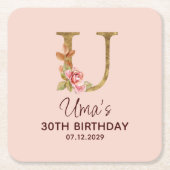 Letter U Gouden Monogram Roze Rozen Kartonnen Onderzetters (Voorkant)