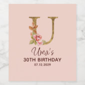 Letter U Gouden Monogram Roze Rozen Wijn Etiket (Enkel label)