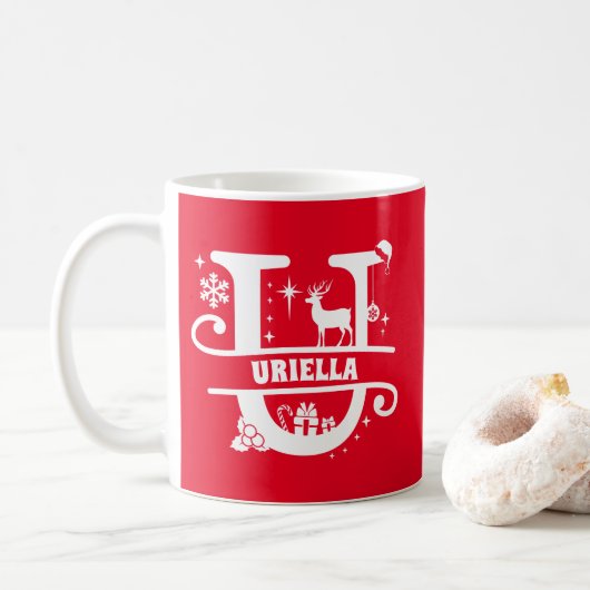 Letter U kerstmonogram Initiaal Naam Rood Koffiemok (Met donut)