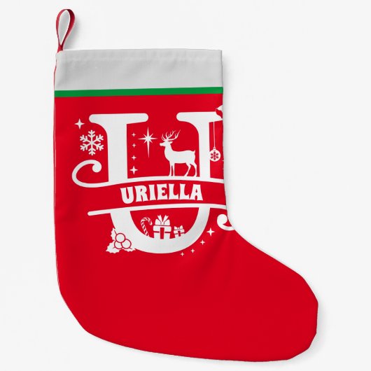 Letter U Kerstmonogram Initiaal Naam Rood wit Kleine Kerstsok (Voorkant)