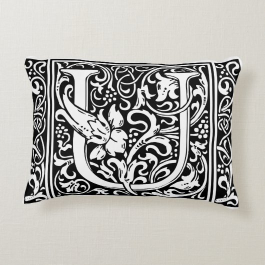 Letter U Middeleeuws Monogram Art Nouveau Accent Kussen (Achterkant)