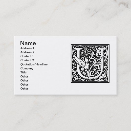 Letter U Middeleeuws Monogram Art Nouveau Visitekaartje (Voorkant)