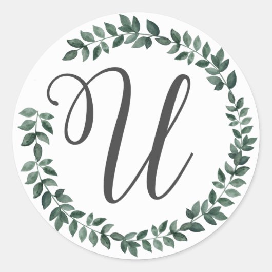 Letter U Monogram Minimaal Botanisch Blad Krans Ronde Sticker (Voorkant)