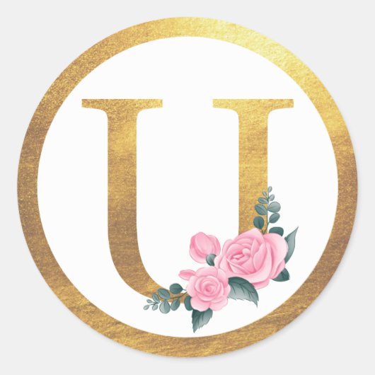 Letter U Monogram Roze Rozen Bloemen & Elegant Gou Ronde Sticker (Voorkant)