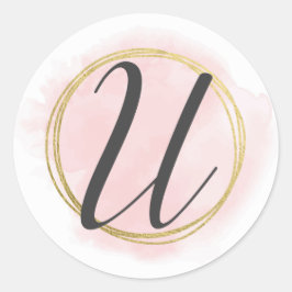 Letter U Monogram Roze Waterverf Goud Chic Ronde Sticker