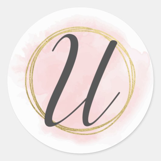 Letter U Monogram Roze Waterverf Goud Chic Ronde Sticker (Voorkant)