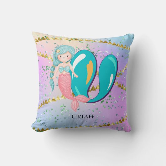 Letter U Monogram Waterverf Cute Mermaid Nursery Kussen (Voorkant)