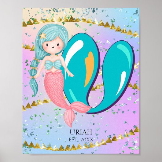 Letter U Monogram Waterverf Cute Mermaid Nursery Poster (Voorkant)