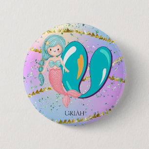 Letter U Monogram Waterverf Cute Mermaid Nursery Ronde Button 5,7 Cm