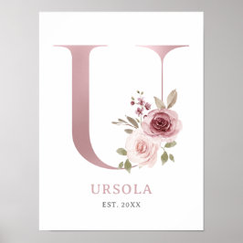 Letter U Monogram Waterverf Roos Bloemen Kinderkam Poster