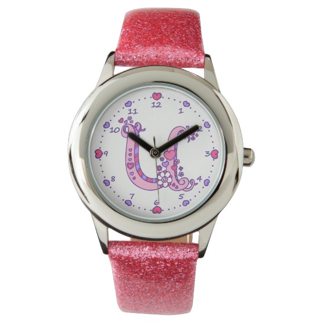 Letter U roze monogram gepersonaliseerde meisjes h Horloge (Voorkant)