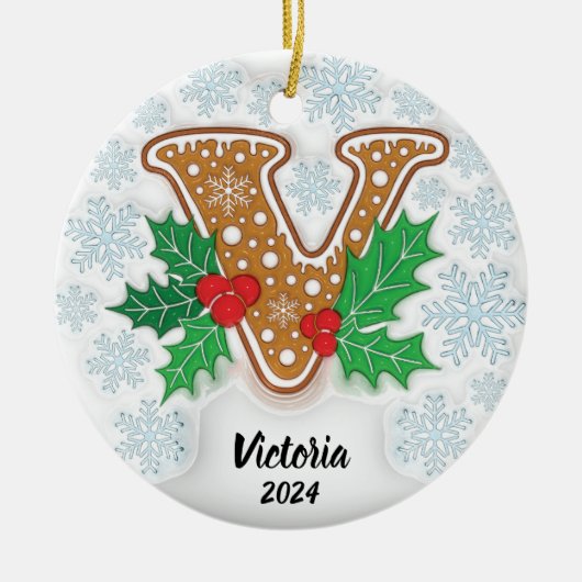 Letter V Aangepaste naam Monogram Kerstmis Keramisch Ornament (Voorkant)
