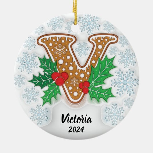 Letter V Aangepaste naam Monogram Kerstmis Keramisch Ornament (Achterkant)