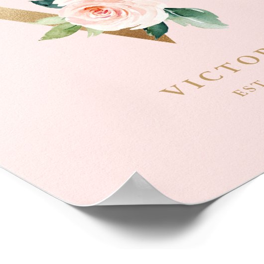 Letter V Blush Floral Monogram Gold Foil Nursery Poster (Hoek)