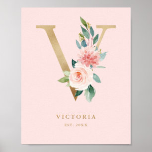 Letter V Blush Floral Monogram Gold Foil Nursery Poster