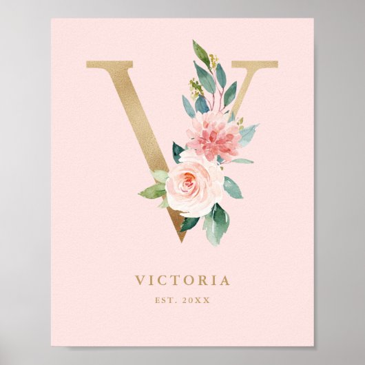 Letter V Blush Floral Monogram Gold Foil Nursery Poster (Voorkant)