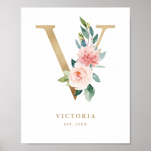 Letter V Blush Floral Monogram Gold Foil Nursery Poster (Voorkant)