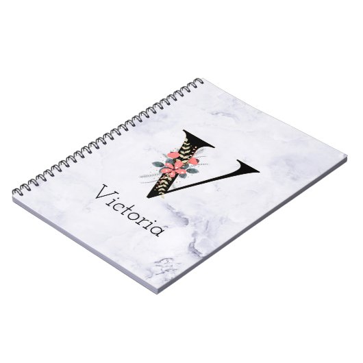 Letter "V" Boho Floral Monogram White Marble Notitieboek (Linkerzijde)