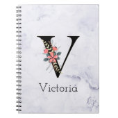 Letter "V" Boho Floral Monogram White Marble Notitieboek (Voorkant)