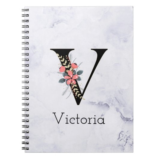 Letter "V" Boho Floral Monogram White Marble Notitieboek (Voorkant)