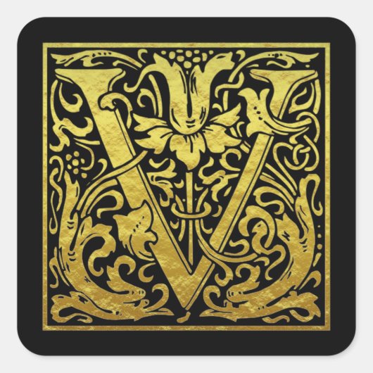 Letter V First Letter Faux Gold Black Vierkante Sticker (Voorkant)