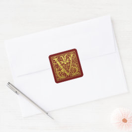 Letter V First Letter Faux Gold Red Vierkante Sticker