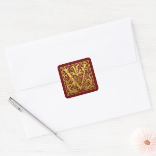 Letter V First Letter Faux Gold Red Vierkante Sticker