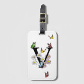 Letter V Floral Butterfly Monogram Initiaal Bagagelabel (Voorkant (verticaal))