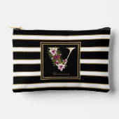 Letter V Floral Monogram Zwart Wit Goud Strepen Etui (Voorkant)