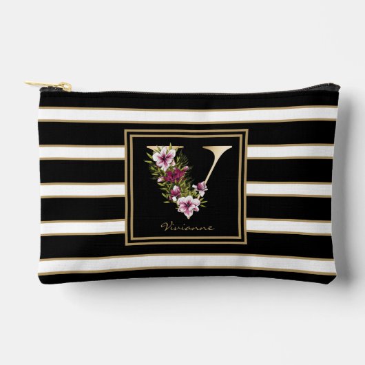 Letter V Floral Monogram Zwart Wit Goud Strepen Etui (Voorkant)