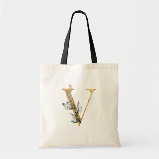 *~* Letter V Gold Monogram Initiaal Black Leaves Tote Bag (Voorkant)