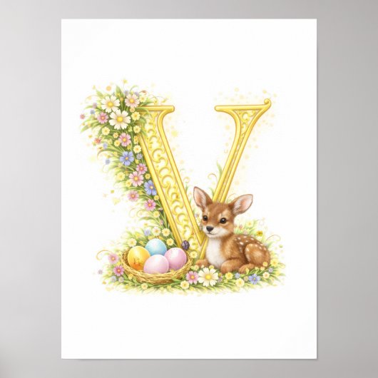 Letter V Gold Spring Nature Monogram Baby Fawn Kid Poster (Voorkant)