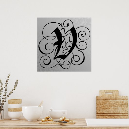 Letter V, Gothic Monogram Black Poster (Keuken)